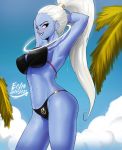  1girl absurdres arms_behind_head bikini black_bikini black_lips blue_skin blue_sky blush breasts clouds cowboy_shot dragon_ball dragon_ball_super echo_saber highres large_breasts lips long_hair looking_to_the_side palm_tree ponytail sky smile swimsuit tied_hair tree vados_(dragon_ball) violet_eyes white_hair 