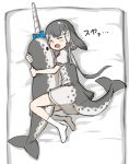 1girl black_bow blowhole blue_bow blue_neckwear bow commentary_request dolphin_tail dress grey_dress grey_hair hair_bow heart hug kemono_friends multicolored_hair narwhal_(kemono_friends) neckerchief no_shoes numero_509 on_bed open_mouth puffy_short_sleeves puffy_sleeves sailor_collar sailor_dress short_hair short_hair_with_long_locks short_sleeves sleeping socks solo stuffed_animal stuffed_toy tail two-tone_dress white_hair white_legwear