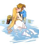  1boy 1girl blonde_hair blue_shirt blush boots bracer brown_hair closed_eyes couple dress earrings hair_down hetero jewelry kiss kukumomo link long_dress long_hair long_sleeves partially_submerged patreon_logo plant pointy_ears ponytail princess_zelda shirt short_over_long_sleeves short_sleeves sidelocks sleeveless sleeveless_dress the_legend_of_zelda the_legend_of_zelda:_breath_of_the_wild thick_eyebrows torso_grab very_long_hair water wet wet_clothes wet_dress white_dress 