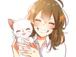  1girl artist_name blush brown_hair cat closed_eyes coll_(erichankun) facing_viewer hair_between_eyes holding holding_cat long_hair miyo_sasaki nakitai_watashi_wa_neko_wo_kaburu shirt smile taro_(nakitai_watashi_wa_neko_wo_kaburu) upper_body white_background white_cat white_shirt 