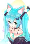  :p animal_ears aqua_eyes aqua_hair aqua_neckwear bell bell_collar black_bow black_jacket blue_butterfly bow butterfly_hair_ornament cat_ears cat_tail chest_tattoo collar collarbone commentary hair_ornament hairclip hatsune_miku jacket long_hair looking_at_viewer necktie nejikyuu shirt short_necktie spaghetti_strap tail tail_bow tattoo tongue tongue_out twintails upper_body very_long_hair vocaloid yellow_shirt zipper 