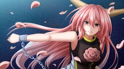  1girl armpits blurry blurry_foreground breasts chain clenched_hand commentary_request cuffs depth_of_field flower frown furrowed_eyebrows hair_between_eyes highres horns ibaraki_douji_(touhou) large_breasts long_hair looking_at_viewer night night_sky outstretched_arm petals pink_eyes pink_flower pink_hair pink_rose rose shackles shirt sky sleeveless sleeveless_shirt solo standing star_(sky) starry_sky tabard tatsu_toyoyo touhou upper_body very_long_hair white_shirt 