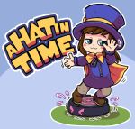  &gt;_&lt; 1girl :3 a_hat_in_time beige_pants blue_background blue_eyes blush_stickers boots brown_footwear brown_hair cape copyright_name dancing full_body hat hat_kid highres jacket long_hair purple_headwear purple_jacket robot roomba solo standing top_hat yellow_cape yugmlecpdduukox zipper 