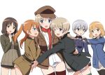  6+girls :d ;d amelie_planchard arm_around_waist ass ass_visible_through_thighs bangs belt black_belt black_jacket black_legwear black_ribbon blazer blonde_hair blue_eyes blue_jacket bob_cut bow bow_panties braid brown_headwear brown_jacket chin_grab commentary_request crotch_seam eyebrows_visible_through_hair flat_cap francie_gerard green_eyes grey_eyes grey_hair hair_ribbon hat highres hug jacket kadomaru_misa kaneko_(novram58) laura_toth light_brown_hair long_hair looking_at_another looking_at_viewer looking_back lynette_bishop medium_hair military military_uniform multiple_girls necktie no_pants one_eye_closed open_mouth orange_hair panties partial_commentary red_scarf ribbon scarf shirt short_hair siblings simple_background sisters smile strike_witches thigh-highs twin_braids twintails underwear uniform very_short_hair white_background white_panties white_ribbon white_shirt wilma_bishop wing_collar world_witches_series 