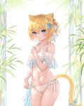  1girl absurdres animal_ears bare_shoulders bikini blonde_hair blue_eyes cat_ears cat_girl cat_tail collarbone cowboy_shot flower guo582 hair_flower hair_ornament hanazono_serena hanazono_serena_(channel) hand_up highres jewelry long_hair looking_at_viewer navel necklace parted_lips side-tie_bikini solo spaghetti_strap standing stomach string_bikini swimsuit tail thighs virtual_youtuber white_bikini 