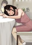  1boy 3girls bangs bare_shoulders black_hair blue_eyes blurry blurry_background blush breasts brown_hair chair champagne_flute cup dress drinking_glass drunk ear_blush eyebrows_visible_through_hair faceless faceless_female foreshortening formal from_side ganbare_douki-chan highres holding holding_cup indoors jewelry large_breasts long_hair looking_at_another looking_at_viewer mole multiple_girls necklace no_nose office_lady&#039;s_rival_(yomu_(sgt_epper)) office_lady_(yomu_(sgt_epper)) open_mouth pantyhose pearl_necklace pink_shirt pink_skirt shaded_face sheer_legwear shirt sitting skirt sleeveless sleeveless_shirt smile table tablecloth translated trembling triangle_mouth upper_teeth white_footwear wide-eyed yomu_(sgt_epper) 