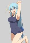  1girl alternate_hairstyle aqua_(konosuba) arms_up bangs barefoot blue_eyes blue_hair blue_swimsuit breasts collarbone commentary covered_navel doyagao eyebrows_visible_through_hair grey_background hair_between_eyes hair_ornament kono_subarashii_sekai_ni_shukufuku_wo! leg_up long_hair looking_at_viewer medium_breasts old_school_swimsuit one_eye_closed open_mouth salpin school_swimsuit shiny shiny_hair simple_background smile smug solo sparkle standing standing_on_one_leg swimsuit thighs v-shaped_eyebrows 