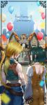  1boy 1girl anniversary ass back balloon black_hair blonde_hair blurry blurry_background castle confetti copyright_name couple final_fantasy final_fantasy_ix from_behind garnet_til_alexandros_xvii gloves highres ponytail short_hair sleeveless smile tail torokko zidane_tribal 