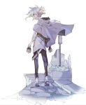  1boy black_gloves cloak facial_mark fingerless_gloves fingernails gloves grey_hair hamha_s hood hood_down hooded_cloak original plant poke_ball pokemon sleeves_rolled_up solo standing white_background yellow_eyes 