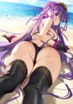 1girl :o absurdres ass bangs bare_shoulders bb_(fate)_(all) bb_(swimsuit_mooncancer)_(fate) beach bikini black_gloves black_legwear blush breasts day dutch_angle eyebrows_visible_through_hair fanbox_reward fate/grand_order fate_(series) fingerless_gloves from_behind gloves hair_ribbon highres horizon large_breasts long_hair looking_at_viewer looking_back matsui_hiroaki micro_shorts ocean on_stomach outdoors paid_reward parted_lips photoshop_(medium) purple_bikini purple_hair ribbon shorts sideboob sidelocks solo star_(symbol) swimsuit thigh-highs very_long_hair violet_eyes water_drop wet