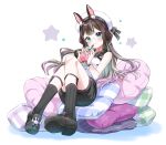  1girl amimi animal_ears blue_eyes brown_hair commission cup glasses highres long_hair pillow rabbit_ears ribbon skeb_commission solo star_(symbol) star_print 