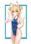  1girl absurdres animal_ear_fluff animal_ears blonde_hair blue_eyes blue_swimsuit breasts cat_ears cat_tail competition_swimsuit cowboy_shot double_bun girls_frontline highleg highleg_swimsuit highres idw_(girls_frontline) long_hair looking_at_viewer one-piece_swimsuit small_breasts solo standing swimsuit tail tor_ai wet white_background 