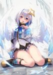  1girl amane_kanata angel angel_wings blue_hair bow collar feathers frills hair_intakes highres hololive kakage miniskirt multicolored_hair open_mouth plaid shoes short_hair silver_hair sitting skirt smile solo streaked_hair thighs two-tone_hair violet_eyes virtual_youtuber wariza wings 