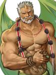  1boy abs bara beard character_request copyright_request facial_hair highres horns jang_ju_hyeon looking_at_viewer male_focus muscle mustache old_man rope shirtless simple_background single_horn solo upper_body white_background white_hair wings 