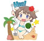  1girl absurdres bikini blue_bikini brown_hair character_name chibi commentary_request dokuganryuu flipped_hair food fruit hairband headgear hiei_(kantai_collection) highres hood hooded_jacket hoodie jacket kantai_collection ladle looking_at_viewer open_clothes open_jacket open_mouth palm_tree sand_castle sand_sculpture shell short_hair shovel simple_background smile solo star_(symbol) swimsuit tree violet_eyes watermelon white_background white_jacket 
