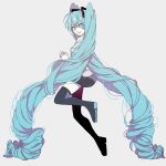  1girl absurdly_long_hair black_legwear black_skirt blue_eyes blue_hair breasts collared_shirt curly_hair eiku eyelashes eyes_visible_through_hair facing_viewer full_body grey_background grey_shirt hair_between_eyes hatsune_miku head_tilt highres interlocked_fingers leg_up light_smile long_hair looking_back looking_to_the_side own_hands_together pale_skin parted_lips pleated_skirt shiny shiny_hair shirt sideboob sidelocks simple_background skirt small_breasts solo sparkle standing standing_on_one_leg thigh-highs tiptoes twintails very_long_hair vocaloid zettai_ryouiki 