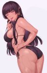  1girl ass bikini black_bikini black_hair blush breasts commentary_request cowboy_shot dead_or_alive dead_or_alive_5 dutch_angle hand_on_hip highres hime_cut large_breasts long_hair looking_at_viewer mole mole_under_mouth naughty_face nyotengu side-tie_bikini simple_background solo swimsuit tongue tongue_out violet_eyes water wet yakimi_27 