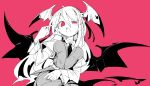  1girl breasts demon_wings head_wings highres koakuma long_hair long_sleeves looking_at_viewer ma_sakasama medium_breasts monochrome necktie open_mouth red_background red_eyes shirt simple_background skirt solo spot_color touhou uneven_eyes upper_body vest wings 