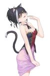  1girl absurdres animal_ear_fluff animal_ears arm_up black_hair cat_ears cat_tail egk513 eyebrows_visible_through_hair green_eyes halter_top halterneck head_tilt highres karyl_(princess_connect!) looking_at_viewer multicolored_hair princess_connect! princess_connect!_re:dive simple_background skirt_hold solo streaked_hair sweat tail translucent two-tone_hair updo white_background 