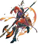  1girl alternate_costume armor armored_boots bangs belt bodysuit bodysuit_under_clothes boots breastplate feather_trim fire_emblem fire_emblem:_mystery_of_the_emblem fire_emblem_heroes gauntlets hair_ornament highres minerva_(fire_emblem) official_art red_bodysuit red_eyes redhead shiny shiny_clothes shiny_hair short_hair shoulder_armor solo 