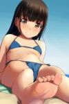  1girl absurdres arm_support bangs bare_arms bare_legs barefoot bikini blush breasts brown_eyes brown_hair closed_mouth commentary_request eyebrows_visible_through_hair halterneck highres long_hair looking_at_viewer lying matsunaga_kouyou navel nose_blush original outdoors side-tie_bikini small_breasts smile soles solo swimsuit thighs 