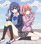  2girls after_the_rain blue_eyes blue_hair chain-link_fence fence holding long_hair looking_at_viewer multiple_girls niconico nqrse open_mouth pink_eyes pink_hair rummy_73 shoes short_hair soraru utaite_(singer) uwabaki 
