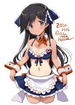  1girl alternate_costume bikini black_hair blue_bikini blue_skirt blush collarbone cropped_legs dated detached_collar eyebrows_visible_through_hair hair_between_eyes i-400_(kantai_collection) kantai_collection long_hair maid_bikini navel odawara_hakone one-piece_tan pleated_skirt simple_background skirt smile solo swimsuit tan tanline twitter_username violet_eyes white_background wrist_cuffs 