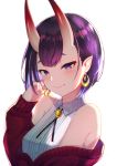  1girl bangs bare_shoulders blush bob_cut breasts closed_mouth earrings eyeliner fate/grand_order fate_(series) highres horns itsumi_mita jewelry long_sleeves looking_at_viewer makeup off-shoulder_sweater off_shoulder oni oni_horns pointy_ears purple_hair red_sweater shirt short_hair shuten_douji_(fate/grand_order) simple_background skin-covered_horns sleeveless sleeveless_shirt small_breasts smile sweater violet_eyes white_shirt 