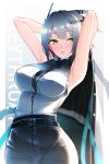  1girl absurdres arknights armpits arms_behind_head arms_up bare_arms bare_shoulders belt black_belt breasts character_name commentary green_eyes greythroat_(arknights) highres large_breasts shirt short_hair silver_hair sleeveless sleeveless_shirt solo upper_body z.taiga 