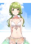  1girl arms_behind_back bangs bikini bikini_skirt blush breasts clouds collarbone commentary_request cowboy_shot frilled_bikini frills front-tie_bikini front-tie_top green_eyes green_hair halterneck highres inflatable_toy long_hair looking_at_viewer morinaka_kazaki navel nijisanji side-tie_bikini small_breasts smile solo swimsuit twintails virtual_youtuber white_bikini yuama_(drop) 