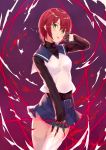  1girl :p claw_(weapon) fuuka_academy_uniform green_eyes highres looking_at_viewer my-hime navy_blue_skirt pleated_skirt redhead school_uniform short_hair skirt solo thigh-highs tongue tongue_out weapon white_legwear yongheng_zhi_wu yuuki_nao 