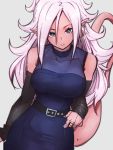  1girl alternate_costume android_21 belt black_belt blue_dress blue_eyes breasts detached_sleeves dragon_ball dragon_ball_fighterz dress earrings grey_background hair_between_eyes hoop_earrings jewelry kemachiku large_breasts long_hair looking_at_viewer majin_android_21 pink_hair pink_skin pointy_ears ring simple_background solo tail 