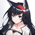  1girl :3 absurdres animal_ears arknights bangs black_hair blaze_(arknights) blue_eyes blush breasts cat_ears commentary_request gradient gradient_background grey_background hair_between_eyes hairband highres long_hair looking_at_viewer medium_breasts ponta_(velmar) red_hairband shirt smile solo upper_body white_background white_shirt 