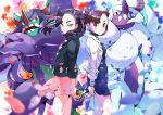  2girls absurdres asymmetrical_bangs bangs black_choker black_hair black_jacket blush brown_hair choker commentary_request dress dusk_ball dynamax_band earrings eyelashes gen_8_pokemon green_eyes grimmsnarl hair_ribbon highres holding holding_poke_ball jacket jewelry looking_at_viewer mary_(pokemon) multiple_girls pink_dress poke_ball pokemon pokemon_(creature) pokemon_(game) pokemon_swsh pon_yui red_ribbon ribbon shiny shiny_hair smile white_jacket wristband yellow_eyes yuuri_(pokemon) 