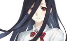  1girl bow bowtie collar dark_blue_hair long_hair looking_at_viewer original parted_lips red_bow red_eyes red_neckwear shirt simple_background solo teeth weee_(raemz) white_background white_collar white_shirt 