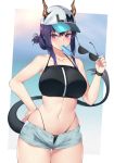  1girl arknights bangs bare_shoulders baseball_cap bikini bikini_under_clothes black_bikini blue_hair blush breasts ch&#039;en_(arknights) clothes_writing collarbone commentary cowboy_shot dragon_horns dragon_tail eyebrows_visible_through_hair eyelashes eyewear_removed food glint hair_between_eyes hand_on_hip hand_up hat highleg highleg_bikini holding horns horns_through_headwear kuavera large_breasts long_hair looking_at_viewer mouth_hold navel popsicle short_shorts shorts solo standing sunglasses swimsuit tail thick_thighs thigh_gap thighs unbuttoned unbuttoned_shorts wide_hips wristband 