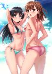  2girls ahoge arms_up ass bikini black_hair blue_eyes blush breasts brown_eyes brown_hair flower from_behind hair_flower hair_ornament long_hair looking_at_viewer looking_back medium_breasts misaka_mikoto multiple_girls navel puma_(hyuma1219) saten_ruiko shiny shiny_hair shiny_skin short_hair side-tie_bikini standing swimsuit to_aru_kagaku_no_railgun to_aru_majutsu_no_index 