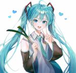  1girl absurdres bangs blue_eyes blue_hair blue_nails blue_neckwear commentary cowlick detached_sleeves food hair_between_eyes hatsune_miku heart highres holding holding_food hongnabya huge_filesize looking_down necktie open_mouth solo spring_onion twintails v vocaloid white_background 