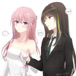  2girls artist_name bangs bare_shoulders black_jacket black_suit blush bow brown_eyes brown_hair buttons closed_mouth collar collarbone collared_shirt commentary_request dress elbow_gloves embarrassed eyebrows_visible_through_hair formal girls_frontline gloves green_hair grey_neckwear hair_between_eyes hair_ornament holding holding_hands jacket lips long_hair looking_at_another looking_at_viewer m4a1_(girls_frontline) multicolored_hair multiple_girls necktie off-shoulder_dress off_shoulder parted_lips pink_hair pocket purple_hair shirt sidelocks simple_background smile sparkle st_ar-15_(girls_frontline) streaked_hair sui_(camellia) suit sweat talking two-tone_hair upper_body violet_eyes white_background white_bow white_dress white_gloves white_shirt 