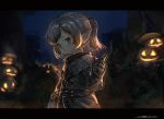  1girl absurdres black_gloves blurry blurry_background blush devil_lo final_fantasy final_fantasy_xiv gloves grey_eyes grey_hair halloween highres jack-o&#039;-lantern lalafell long_hair night night_sky outdoors plant pointing pointy_ears ponytail pout signature sky solo tree 