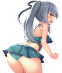  1girl alternate_breast_size ass back bikini bikini_skirt blush breasts brown_eyes green_bikini grey_hair hair_ribbon highres kantai_collection kasumi_(kantai_collection) kurokoshou_(emuburemu123) long_hair looking_at_viewer looking_back medium_breasts open_mouth pleated_skirt remodel_(kantai_collection) ribbon side_ponytail simple_background skirt solo swimsuit water_drop white_background 