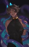  1boy absurdres arjuna_(fate/grand_order) arjuna_alter bangs black_hair blurry blurry_background brown_hair chest covered_abs dark_skin dark_skinned_male expressionless fate/grand_order fate_(series) fengyin_shici_guozi glowing_horns hair_between_eyes highres horns jewelry looking_at_viewer male_focus neck_ring shiny shiny_hair sleeveless solo tentacles upper_body 