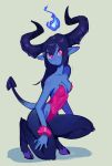  1girl blue_hair blue_skin bracelet breasts collarbone demon_girl demon_horns demon_tail digitigrade highres hooves horns jewelry leotard long_hair original pointy_ears red_eyes simple_background small_breasts solo strapless strapless_leotard tail zambiie 