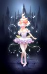  1girl ;) absurdres ahoge artoise ballet_slippers bare_shoulders bead_bracelet beads blue_background bracelet crown feathers full_body highres holding holding_sword holding_weapon jewelry leotard one_eye_closed orange_hair princess_tutu princess_tutu_(character) short_hair smile solo standing sword tutu weapon white_leotard 