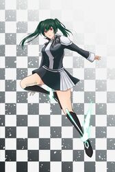  1girl bangs black_footwear black_jacket black_order_uniform black_skirt boots checkered checkered_background closed_mouth d.gray-man floating_hair full_body gradient gradient_background green_hair hair_between_eyes highres jacket knee_boots leg_up lenalee_lee long_hair long_sleeves miniskirt outstretched_arm shiny shiny_hair skirt solo tsujimura_lila two-tone_skirt uniform violet_eyes white_skirt 