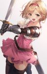  1girl :d bangs blonde_hair blush boots brown_eyes brown_footwear collarbone djeeta_(granblue_fantasy) enomoto_hina eyebrows_visible_through_hair frilled_shirt frills gauntlets gradient gradient_background granblue_fantasy grey_background high-waist_skirt highres holding holding_sword holding_weapon horns leg_up looking_at_viewer open_mouth outstretched_arms pink_skirt red_horns sheath shirt short_hair short_sleeves skirt smile solo standing standing_on_one_leg swept_bangs sword thigh-highs thigh_boots unsheathed v-shaped_eyebrows weapon white_shirt zettai_ryouiki 