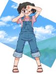  1girl ;) black_hair blue_overalls blue_sky blush clouds cloudy_sky commentary_request finger_frame full_body kuraue_hinata looking_at_viewer meis_(terameisu) no_socks one_eye_closed overalls pink_shirt sandals shirt short_hair sky smile solo standing twintails violet_eyes yama_no_susume 