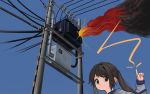  1girl absurdres black_eyes black_hair blue_sky burning closed_mouth devil_lo electricity explosion eyebrows_visible_through_hair fire highres original outdoors pointing ponytail power_lines sky smoke solo 