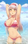  1girl arm_behind_head bakaroba bikini blue_sky breasts brown_eyes clouds day hairband horizon kantai_collection large_breasts long_hair looking_at_viewer ocean outdoors red_bikini red_hairband shoukaku_(kantai_collection) side-tie_bikini silver_hair sky solo striped striped_bikini swimsuit thigh_gap 