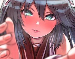  1girl bangs blue_eyes blue_hair blurry blurry_foreground blush brown_sailor_collar eyebrows_visible_through_hair eyelashes face hair_between_eyes hair_ribbon isuzu_(kantai_collection) kantai_collection lips long_hair parted_lips ribbon sailor_collar sleeveless solo takahashi_meishin 